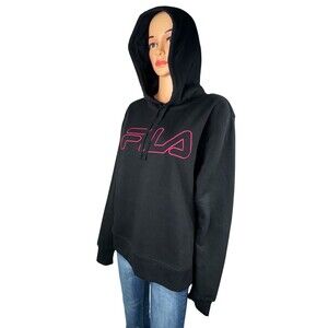 Fila Womens Black Hoodie Sweatshirt Pink Logo Pullover Long Sleeve Size Large